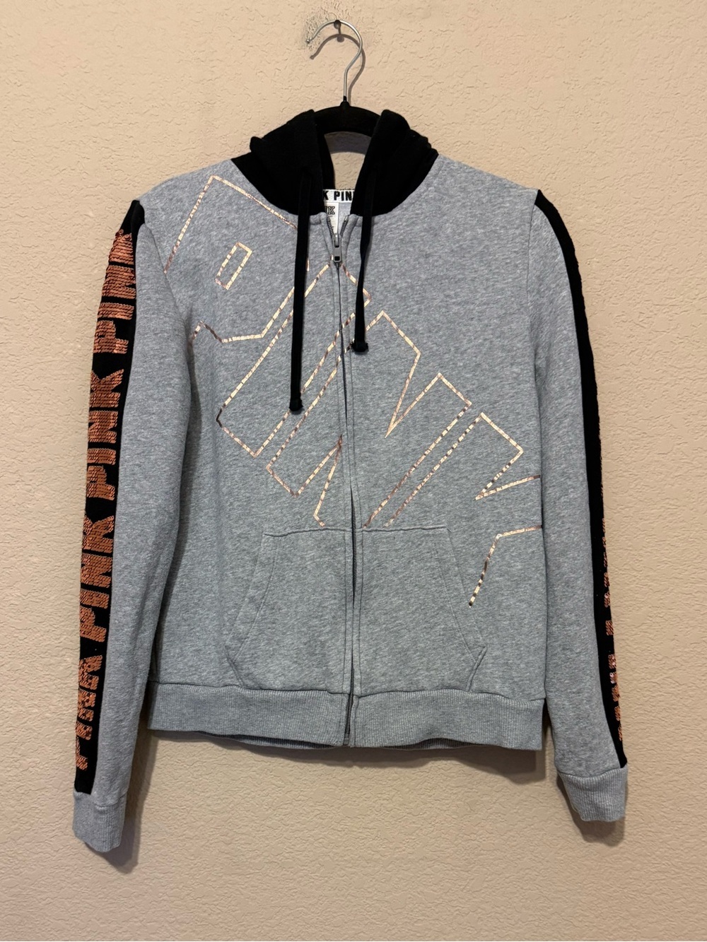 Victoria’s Secret Pink Hoodie jacket Bling Logo Gray Full zip Sequin Sz M Y2K